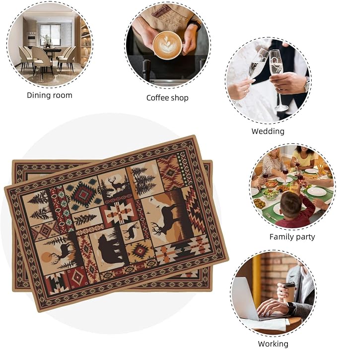 Rustic Brown Wildlife and Tribal Pattern Linen Placemats Set of 4, Heat Resistant Cute Bear Deer Table Mats for Dining Table Kitchen Party Cabin, Vintage Home Decor & Gifts for Outdoor Nature Lovers