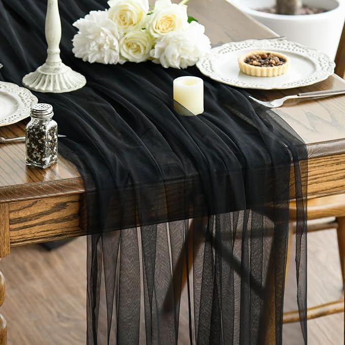Artoid Mode 3PCS Black Gauze Table Runner 120 Inch 10FT, Seasonal Sheer Kitchen Dining Holiday Wedding Birthday Baby Shower Table Decor for Home Party