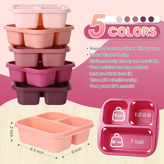 Honeydak 5 Pack Snack Containers 3 Compartment Bento Snack Boxes Divided Meal Prep Containers with Lids Reusable Adults Lunch Food Storage Box for School Work Travel(Pink Brown)
