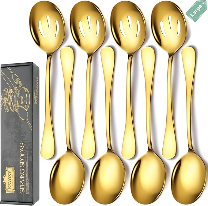 Stainless Steel Serving Spoons Set, 8pc, 10-Inch, Includes 4 Large, 4 Slotted, for Parties/Kitchen/Buffet/Catering, Dishwasher Safe, Gold