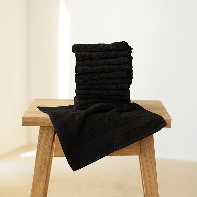 SALBAKOS 100% Turkish Cotton Washcloth Set of 12, 13x13 inch | Premium Quality | Hotel & Spa Collection | Ultra Soft, Super Absorbent, Wash Cloth Towels | Made in Turkey (Black 12 Pcs Washcloth)