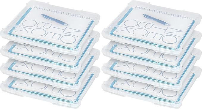 IRIS USA Board Game Storage Craft Organizer Box with Snap-Tight Latch Lid, 8-Pack Portable Plastic Case Bin for Puzzles, Magazines, Hobbies, Art Supplies, Fits 8.5" x 11" & A4 Papers, Slim, Clear