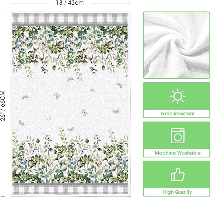 Artoid Mode Buffalo Plaid Butterfly Vase Spring Kitchen Towels Dish Towels, 18x26 Inch Farmhouse Summer Decoration Cleaning Set of 2