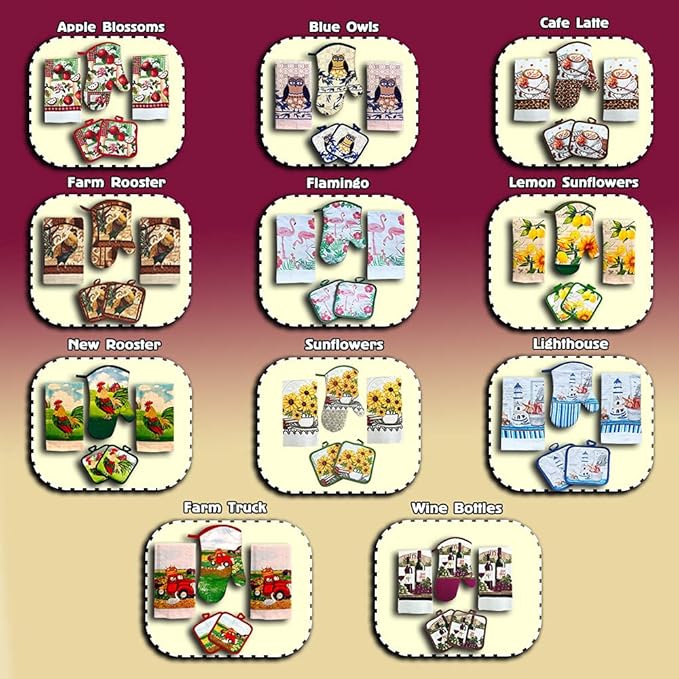 Lobyn Value Packs - Wine Lover’s Kitchen Grape & Wine Bottle Motif, 5 Piece Kitchen Towel Set with 2 Decorative Dish Towels (25 X15), 1 Oven Mitt (11 X 7) and 2 Potholders (6.5 X 6.5)