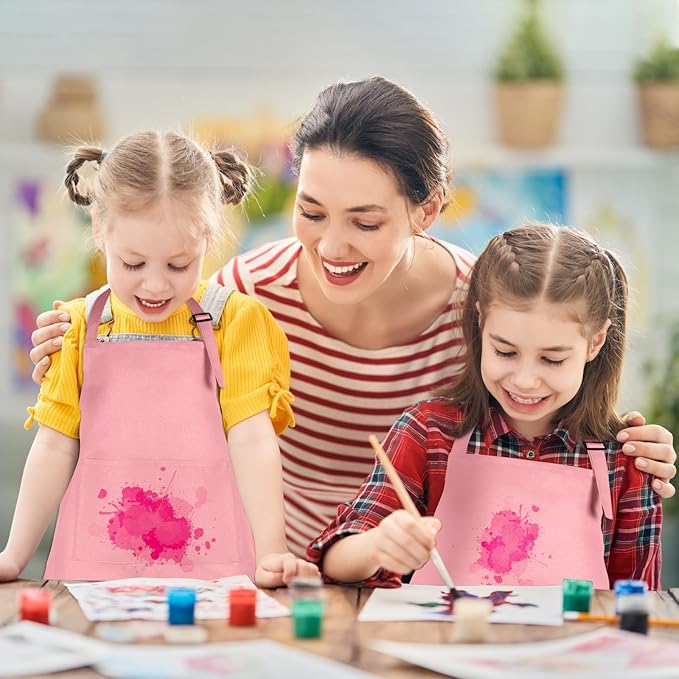 6 Pack Kids Apron Bulk with 2 Pockets Adjustable Chef Art Apron Kids Painting Aprons for Cooking Baking Painting Crafting Grilling Activity（Pink）