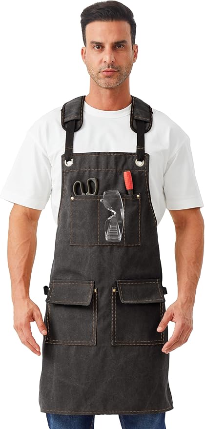 Nanxson Woodworking Apron for Men,Canvas Work Tool Apron Cross Back with Multi-Pockets Waterproof for Carpenter Woodworker