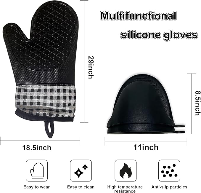 4pcs Set Oven Gloves and Pot Holder Set, Heat-Resistant 500 Degree, with Oven Gloves and Insulation Clips, Non-Slip Food-Grade Long, for Kitchen Baking