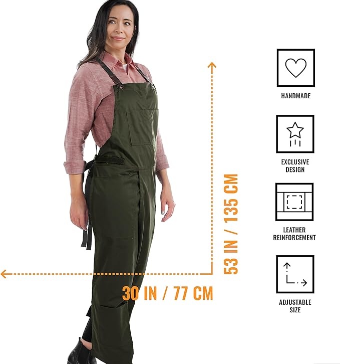 Under NY Sky Pottery Moss Green Apron – Full Coverage Cross-Back, Durable Twill, Leather Reinforcement and Overlapping Split-Leg, Adjustable for Men and Women – Pottery Artist, Mechanic, Tattoo Apron