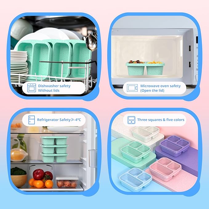 Snack Boxes (3 Pack) - Stackable Bento Boxes with 3 Compartments, Meal Prep Containers Reusable, Lightweight Lunch Containers for Kids and Adults, BPA Free (Green)