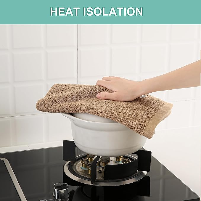 SALAS Kitchen Dish Towels, Bulk Cotton Kitchen Hand Towels, 390 GMS Plaid Dish Cloths Rags for Drying Dishes with Hanging Loop, 16‘’ x 26‘’, 3 Packs, Khaki
