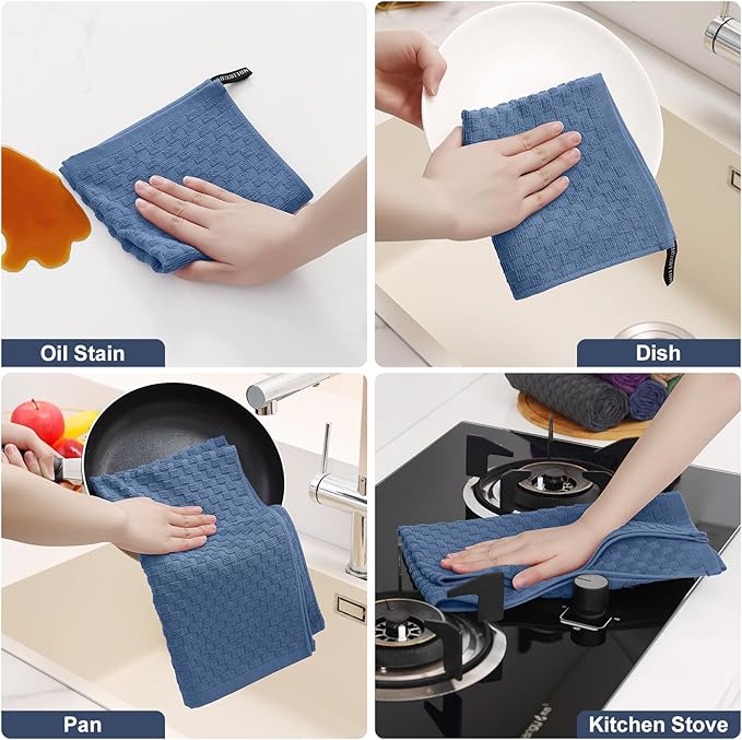 Homaxy 100% Cotton Kitchen Towels and Dishcloths Set, 12 x 12 & 15 x 25 Inches, Set of 12 Bulk Terry Cloth Dish Towels, Super Soft and Absorbent Hand Towel with Hanging Loop, Navy Blue