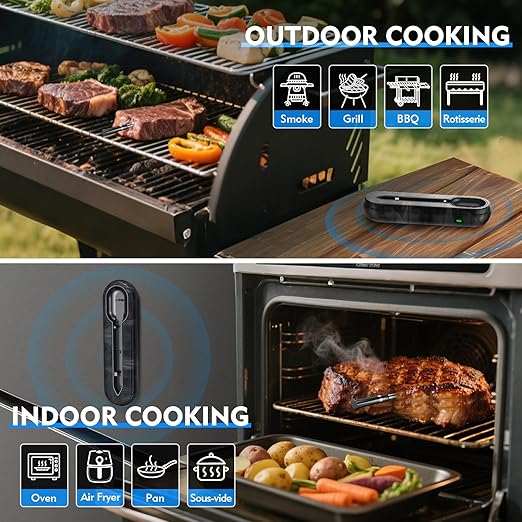 Unique Wireless Meat Thermometer, Accurate Temperature Detection Probe, 500FT Remote Monitoring, Dual Alarm, Cooking Meat Thermometer Wireless for Grilling, Smoking, Oven, BBQ, Rotisserie