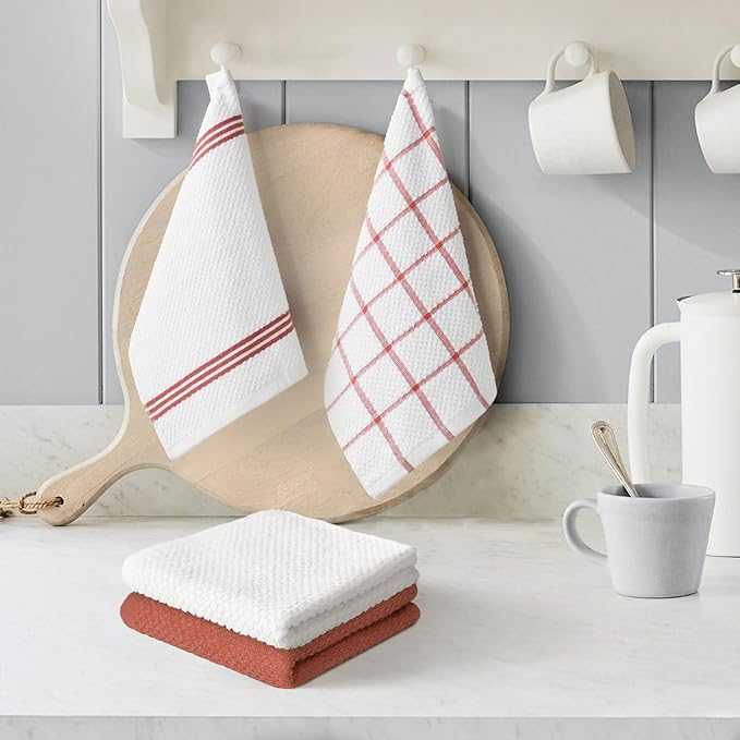 Artoid Mode Ring Spun Cotton Red Dishcloth Kitchen Towels, 12x12 Inch Ultra Soft Absorbent Quick Drying Household Cleaning Kitchen Rags Set of 4