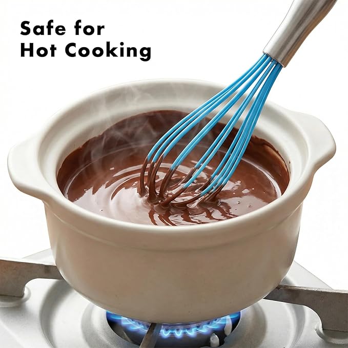 OYV 10-Inch Blue Silicone Whisk, Heat Resistant 480°F Kitchen Whisk with Stainless Steel Ergonomic Handle, Non-Scratch for Nonstick Cookware, Dishwasher Safe, Perfect for Blending, Cooking & Beating