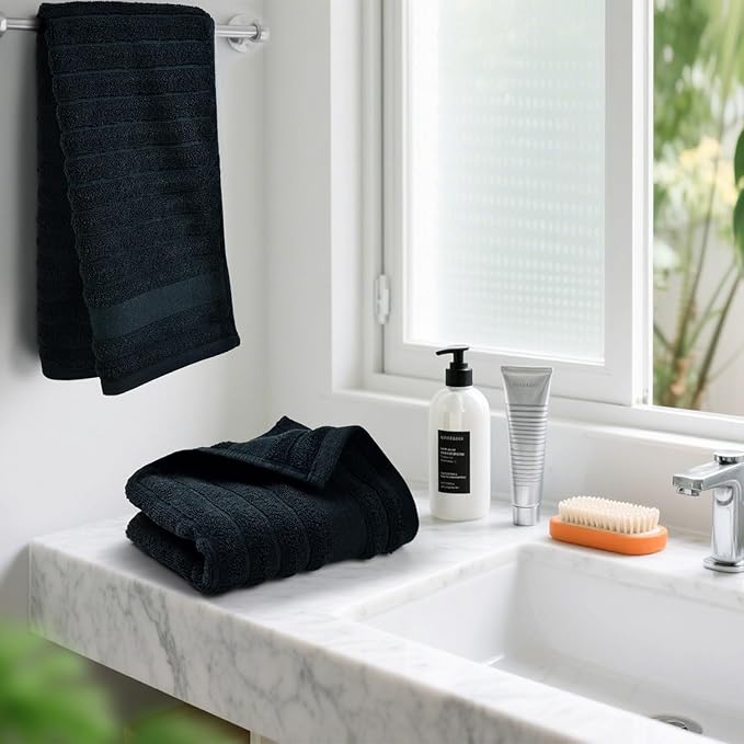 Jacquotha 4-Pack Bathroom Hand Towels (Black) Ribbed – Guest Room & Spa Premium Cotton Face Towels 13” x 29”, Soft and Quick Drying 470 GSM