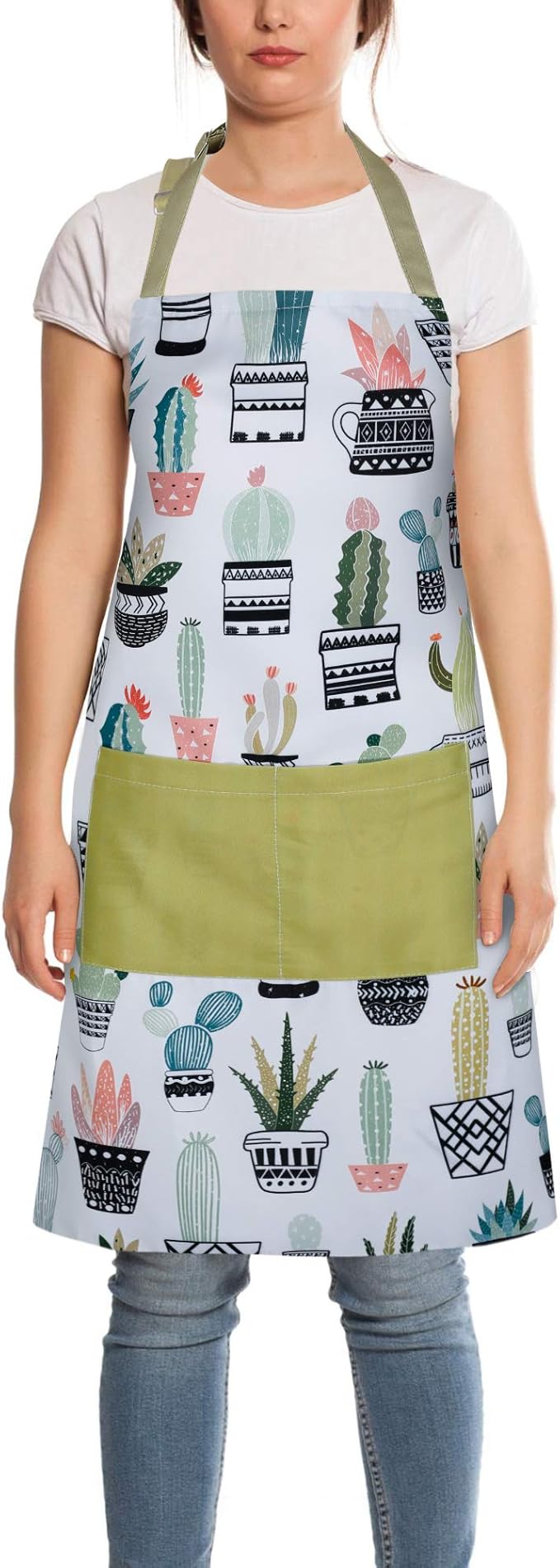 RosieLily Cactus Apron for Women with Pockets Cute Apron Plant Apron Green Apron Kitchen Apron for Cooking Baking Gardening Grilling BBQ Gardening Gifts for Women Pretty Apron Succulent Adult Apron