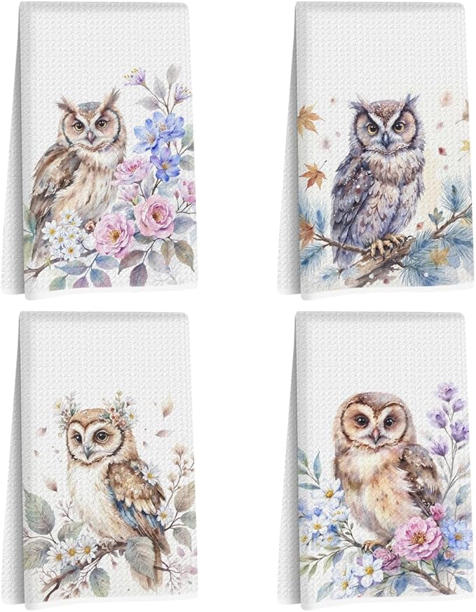 4 Pcs Watercolor Owl Kitchen Towels, Artistic Floral Decorative Absorbent Microfiber Dish Cloth Tea Towel, Pastoral Waffle Soft Hand Towels for Farmhouse Home Bathroom Decor, Owl Gifts for Women