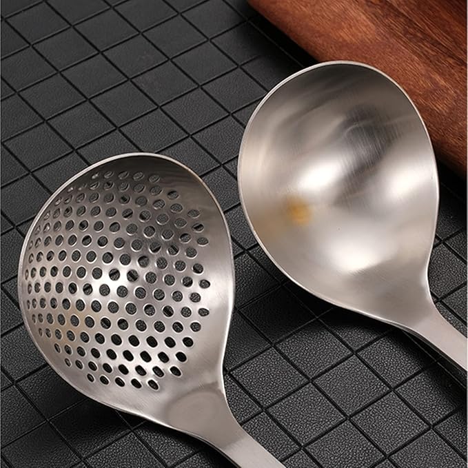 Peohud 4 Pack Soup Ladle Soup Colander, SUS304 Stainless Steel Slotted Hot Pot Ladle Strainer Scoops, Thickening Cooking Skimmer Cookware Utensil for Hotpot Scooping Sauce Serving, 12 Inch