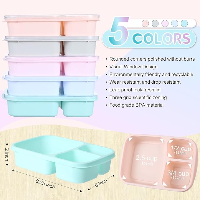 Honeydak 5 Pack Snack Containers 3 Compartment Bento Snack Boxes Divided Meal Prep Containers with Lids Reusable Adults Lunch Food Storage Box for School Work Travel(Youthful Color)