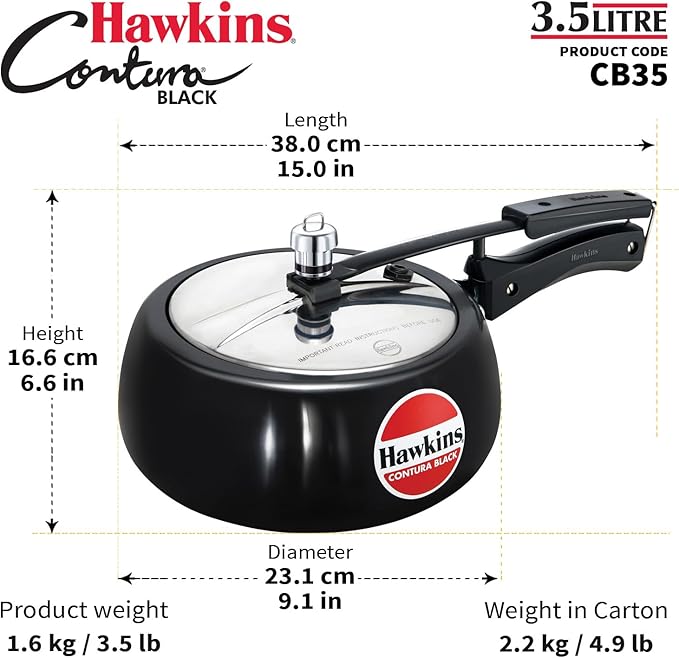 Hawkins 3.5 Litre Contura Black Pressure Cooker, Hard Anodised Inner Lid Cooker, Handi Cooker, Black (CB35)