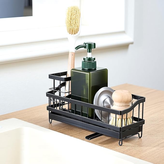 Sink Caddy with 360° Rotating Self Draining, Countertop Sponge Holder, Sink Side Organizer for Bottle Brushes, Sink Accessories for Kitchen, Bathroom - Black