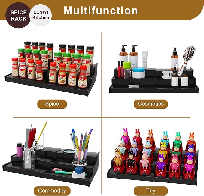 Lenwi Spice Rack Organizer for Cabinet 2 Pack, 3 Tier Expandable Bamboo Spice Storage for Kitchen Cupboard Pantry, Black