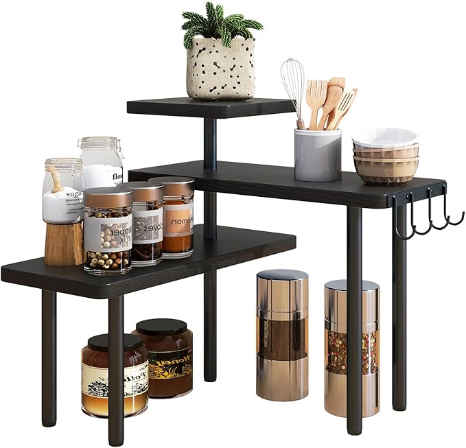 IBUYKE Countertop Organizer,3-Tier Spice Racks,Kitchen Counter Corner Shelf,4 Side Hooks,Adjustable Countertop Shelf for Kitchen, Bathroom, Coffee Bar, Cabinet, Desk,Black,TLJ023B