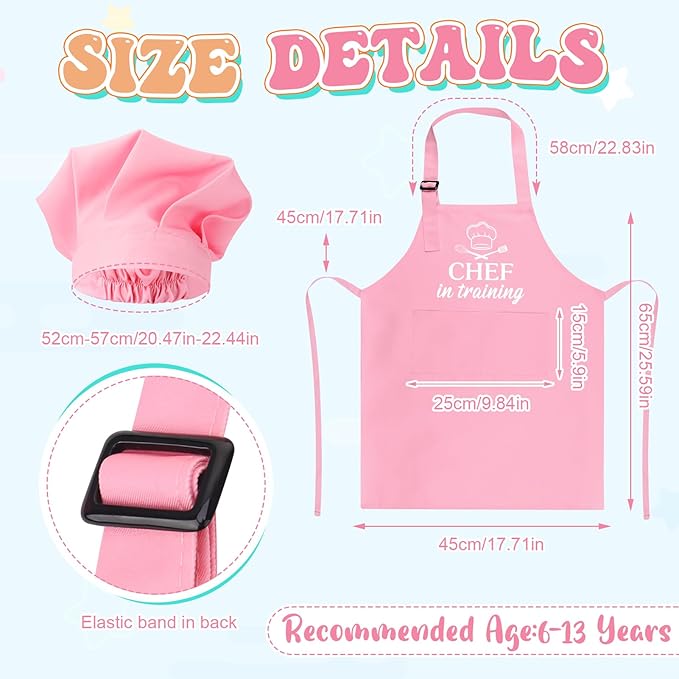 Kids Apron and Chef Hat Set, Funny Apron with 2 Pockets, Adjustable Kids Aprons for Cooking for Boys and Girls