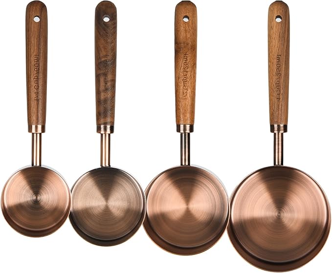 Smithcraft Copper Measuring Cups & Spoons Set 8, Stainless Steel Measuring Cups and Spoons Set for Baking and Kitchen, Metric & US Metal Measure Cup & Spoon with Wood Handle for Dry & Liquid