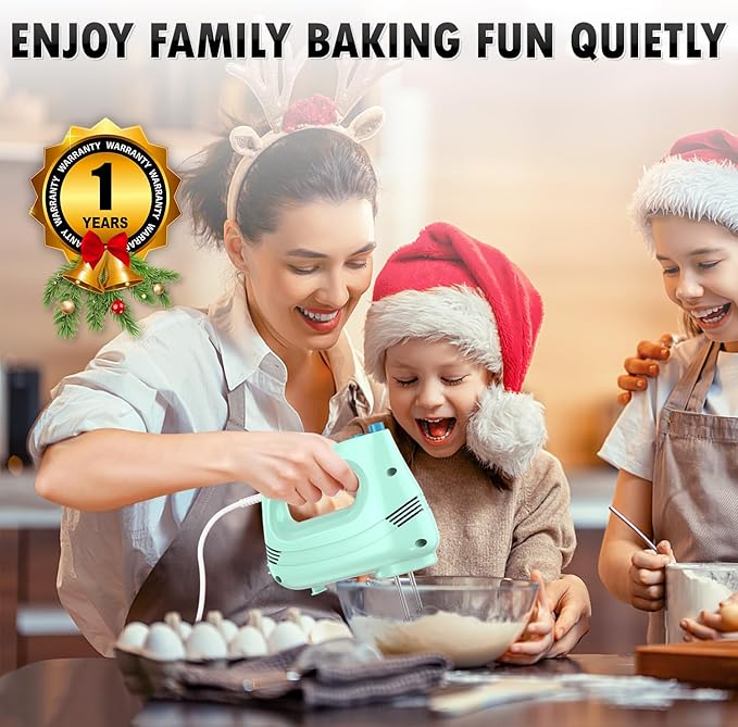 GUALIU Electric Hand Mixer with Stainless Steel Whisk, Dough Hook Attachment and Storage Bag, Handheld Mixer for Baking Cakes, Eggs, Cream Food Mixers. Turbo Boost /5 Speed Kitchen Blender GREEN