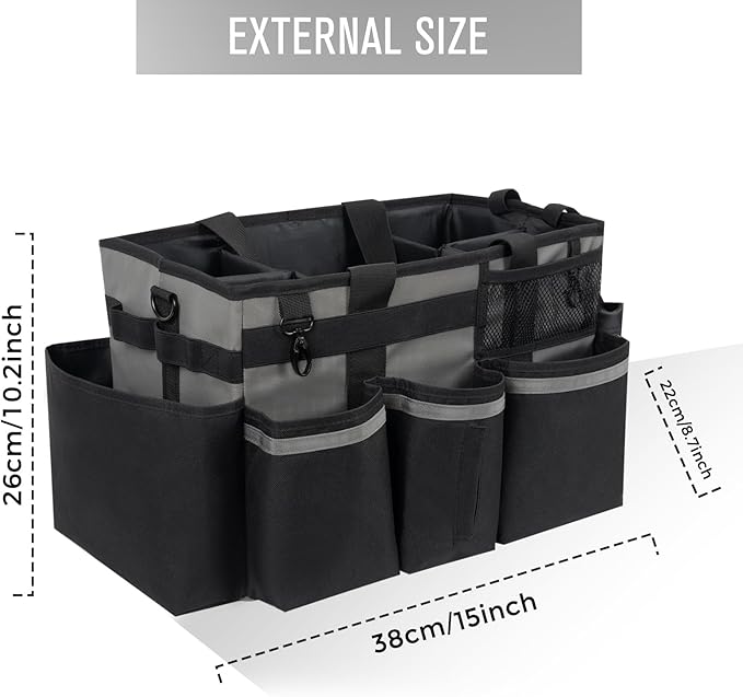 SCAVATA Wearable Cleaning Caddy, Cleaning Caddy Supplies Organizer with Handle & Shoulder Straps for Housekeepers, Under Sink & Car Cleaning Tool Organizers Bag with 4 Foldable Divider (MediumGrey)