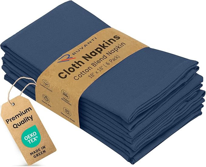 Ruvanti Cloth Napkins Set of 6, 18x18 Inches Napkins Cloth Washable, Soft, Durable, Absorbent, Cotton Blend. Table Dinner Napkins Cloth for Hotel, Lunch, Restaurant, Wedding Parties - Ocean Blue