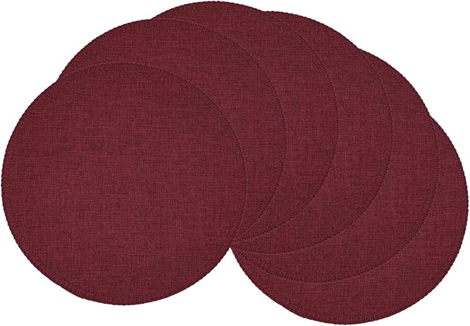 Round Placemats Set of 6, 15 Inch Linen Fabric Table Placemats, Heat Resistant, Wrinkle Free Washable Placemats Kitchen Place Mats Set of 6 for Dining Table Party Table (Wine Red, 6)