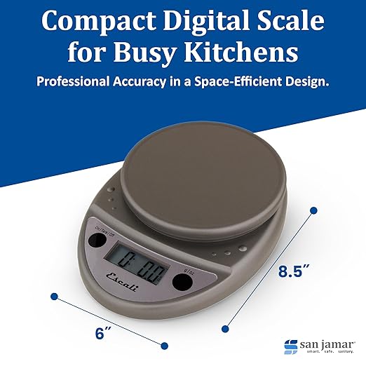 San Jamar Escali Digital Kitchen Scale, 11 lb Capacity, Tare Function, Precise Readout, Compact 8.5" x 6", Metallic Plastic (Model SCDG11M)