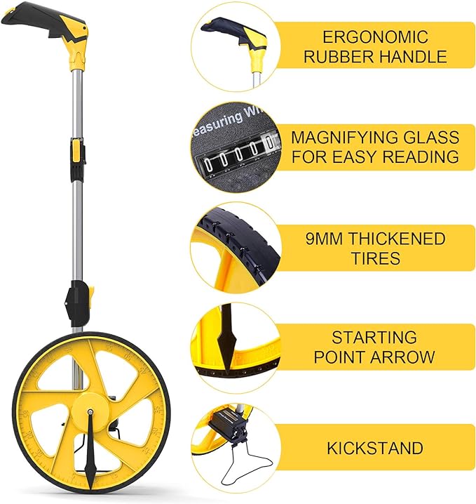 Zozen Measuring Wheel in Feet and Inches, Mechanical/Double Collapsible/One Key to Reset/Kickstand to Keep Stand/Starting Point Arrow and Cloth Carrying Bag, 0-9,999 Ft Measure Wheel.