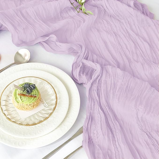 IVAPUPU 4 Pcs Cheesecloth Table Runner - 10ft Lilac Purple Lavender Boho Gauze Cheese Cloth Table Runners for Baby Shower Decorations Wedding Party Summer Garden Decor
