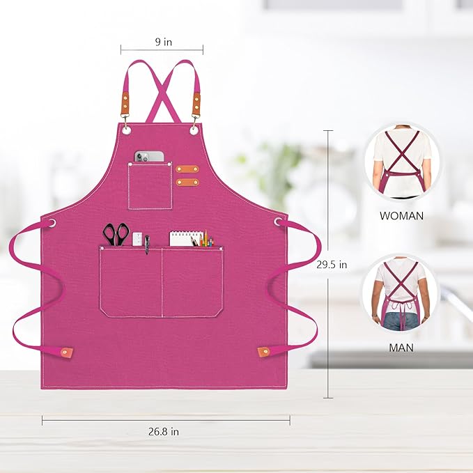 OUNLEN Chef Apron for Men Women Canvas Aprons with 3 Pockets Cross Back Resistant Work Apron for Cooking