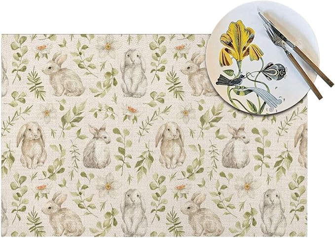 Spring Place mats Set of 4,12x18 Inches Green Rabbit Floral Leaves Placemats Rectangle Easter Decor Bunny Flower Table Mats for Party Home Kitchen Dining Table Decoration