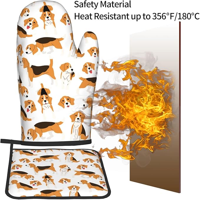 Cute Dogs Oven Mitts and Pot Holders Beagle Heat Resistant Oven Mitts Safe for Baking Cooking BBQ