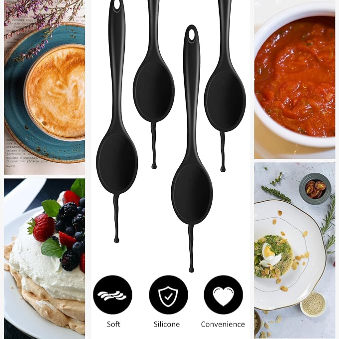 Shappy 4 Pieces Silicone Cooking Spoons 10.6 Inch Heat Resistant Kitchen Spoons for Mixing, Serving and Stirring Upgrade Large Non Stick Basting Utensils, Dishwasher Safe(Spoon,Black)