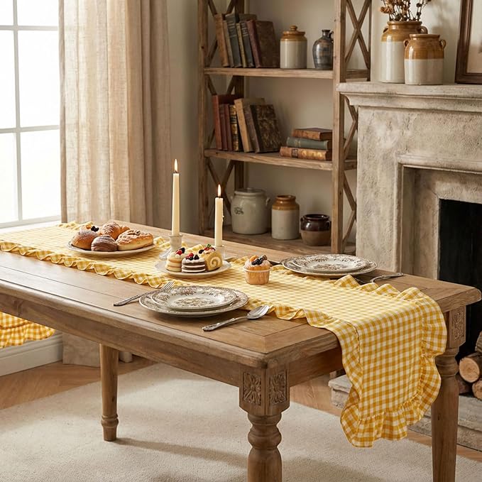 HunnmingRe 1 Pcs Yellow Plaid Gingham Ruffle Table Runner 72 x 13.8'' Farmhouse Easter Table Runner 100% Cotton Scalloped Long Dresser Scarves for Dining Room, Wedding, Kitchen Rustic Home Decor