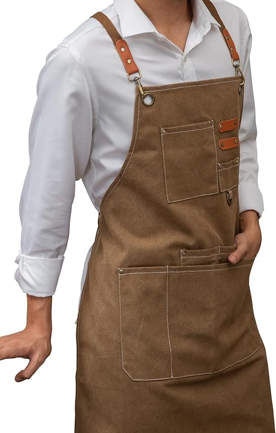 KITCHIEF Woodwork Aprons for Men,Tool Apron with loop and Pockets,Cross Back Heavy Duty Workshop Apron for Carpenter,Garden