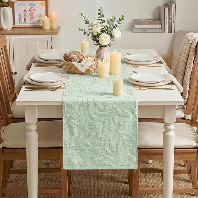 Artoid Mode Sage Green Soft Cotton Jacquard Leaves Spring Table Runner, Holiday Kitchen Dining Table Decoration for Home Party Decor 13x72 Inch
