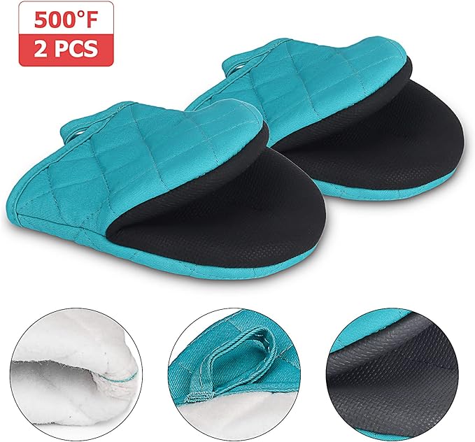 Short Oven Mitts, Heat Resistant 500°F, Silicone Grip Kitchen Gloves, Non-Slip for Baking, Grilling, BBQ, Machine Washable with Hanging Loop, 2-Pack Set, Coral Blue