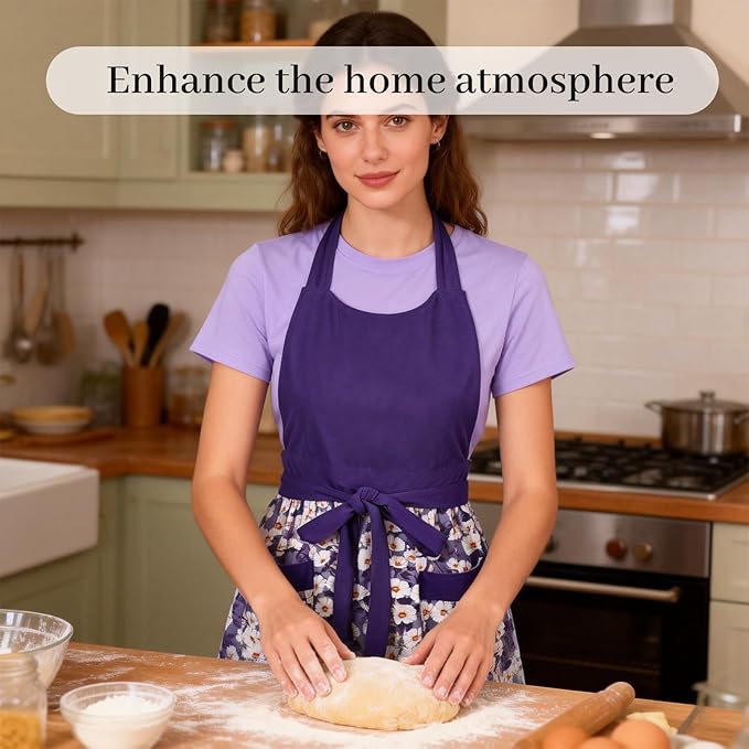 Cute Floral Aprons for Women with Pockets,Cotton Adjustable Neck Strap Apron for Kitchen Cooking Baking Gardening