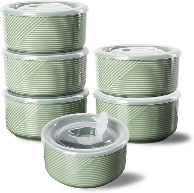 Ceramic Bowls with Lids: 20 oz Microwave Safe Food Storage Containers for Soup, Salad, Cereal, Leftovers, Meal Prep, Lunch, Picnic, Camping, Serving - Airtight, Green, Set of 6