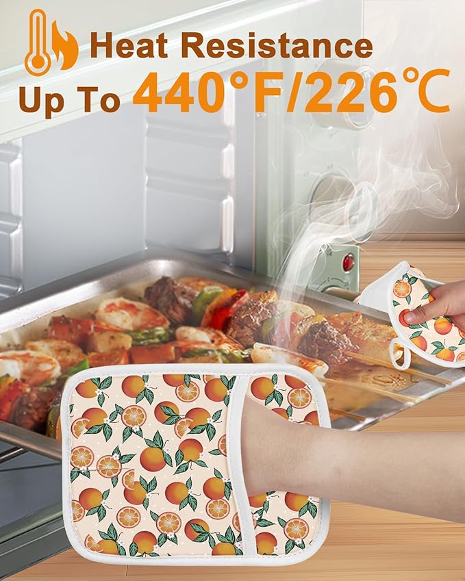 Swooflia 100% Cotton Pot Holders 2 Pack Set for Kitchen with Pockets - Cute 440°F Heat Resistant Oven Hot Pads Heavy Duty for Countertop Home Cooking Baking Microwave BBQ Orange