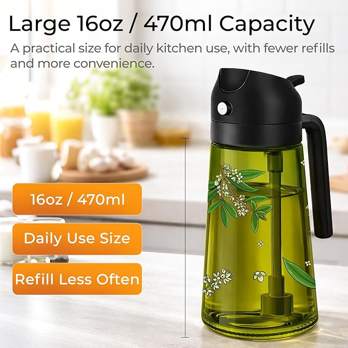COOLMI Oil Sprayer for Cooking, 2 in 1 Olive Oil Dispenser Bottle Set for Kitchen, Food-Grade Glass Green Oil Vinegar Bottle Container - 16OZ/470ML Set of 2 (Black)