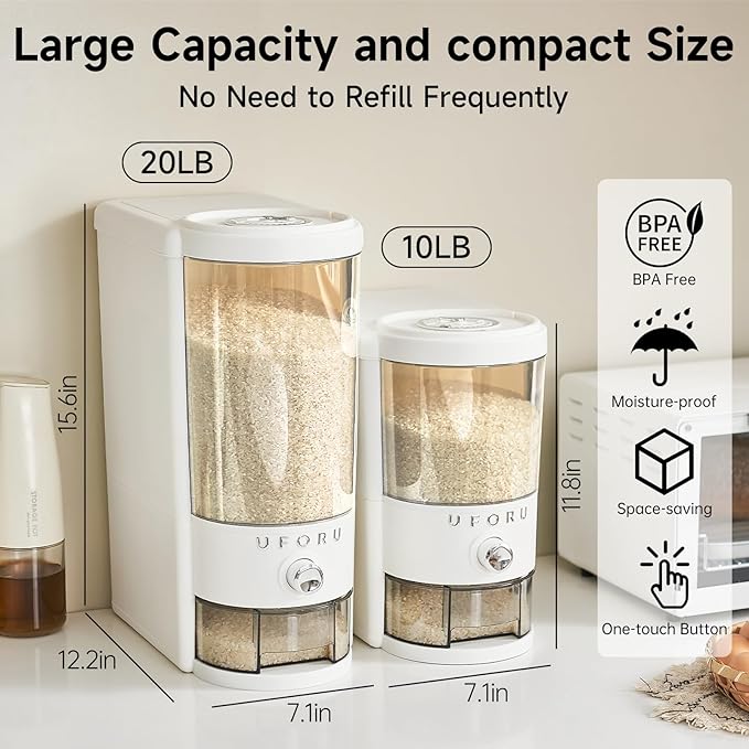 Rice Dispenser 20 lbs | Large Rice Storage Container for Kitchen&Pantry - Space-saving, Moisture & Pest-proof, BPA-Free - Dry Food Dispenser with One-Touch Dispenser & Measuring Cup for Families