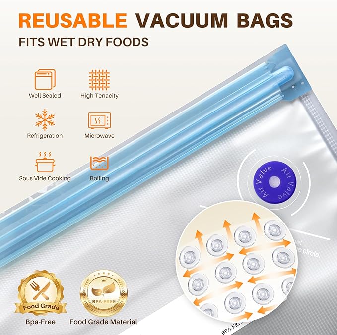 Compact Vacuum Sealer for Food, 100KPA Powerful Suction Handheld Vacuum Sealer Machine, Rechargeable Design with Visible Detachable Tank,10 Reusable BPA-Free Bags for Meal Prep, Camping & RV Travel